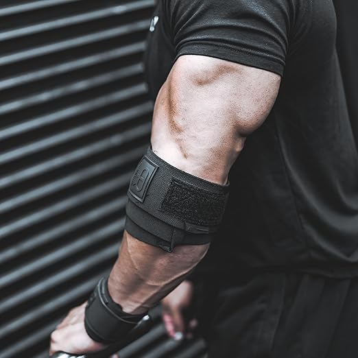 PR Personal Record Elbow Wraps for Weightlifting - Heavy Duty Construction, 25% More Elasticity, Reinforced Stitching, Extra Wide Fastener, Easy to Adjust, All Black