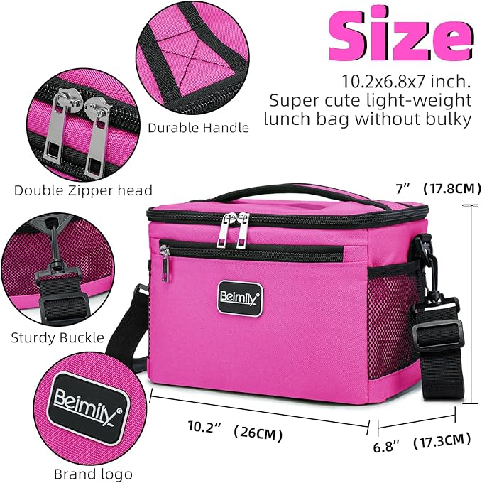 BEIMILY Lunch Box for Men/Women,Small Insulated Lunch Bag,Reusable LunchBox for work Picnic Beach,Leakproof Soft Cooler Tote Bag Organizer with Adjustable Shoulder Strap for Adults(Dark pink)