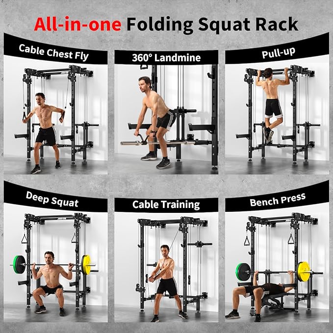 JEEKEE Folding Wall Mounted Power Rack with 180LB Weight Stack, 2400LB 2×3 Heavy Duty Squat Rack, Dual Cable Crossover System 1:1 Ratio, Functional Trainer for Home Gym Small Space,Black