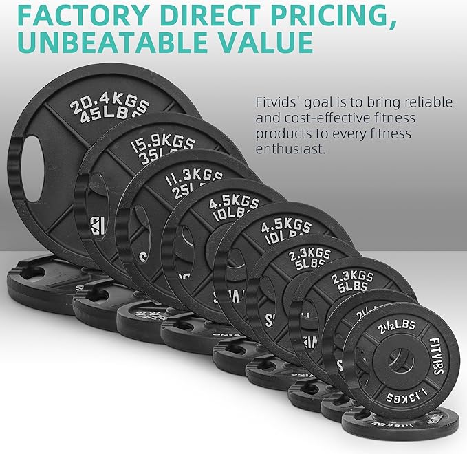 Fitvids Cast Iron Standard Weight Plates Including 5FT Standard Barbell with Star Locks, 45-Pound Set (35 Pounds Plates + 10 Pounds Barbell), Multiple Styles