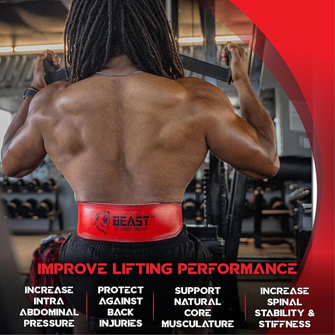 Weight Lifting Belt - 4” Genuine Leather Belts Padded Lower Back Support for Gym Bodybuilding Squat Deadlift Weightlifting Cross Strength Training Men Women Free Wrist Wrap