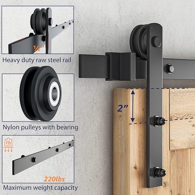 SMARTSTANDARD 11 FT Heavy Duty Sturdy Sliding Barn Door Hardware Kit, Black, (Whole Set Includes 1x Pull Handle Set & 1x Floor Guide) Fit 66" Wide Door Panel (I Shape Hanger)