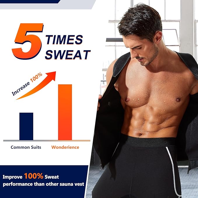 Wonderience Neoprene Sauna Suit for Men Waist Trainer Vest Zipper Body Shaper with Adjustable Tank Top