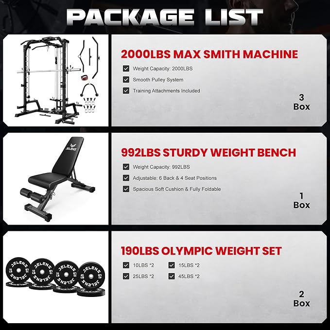 JELENS SR01 Smith Machine, 2000LBS Multi-Function Power Cage with LAT Pulldown System, All-in-One Home Gym Squat Rack with Smith Bar and Training Attachments for Full Body Workouts