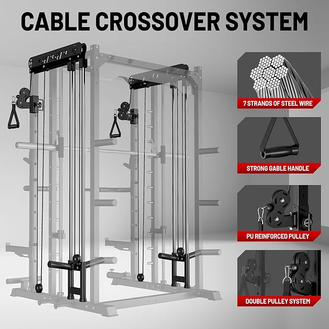 JELENS Smith Machine for Home Gym, Multi-Function M12 Power Cage with Cable Crossover System, Squat Rack with Smith Bar and More Attachment