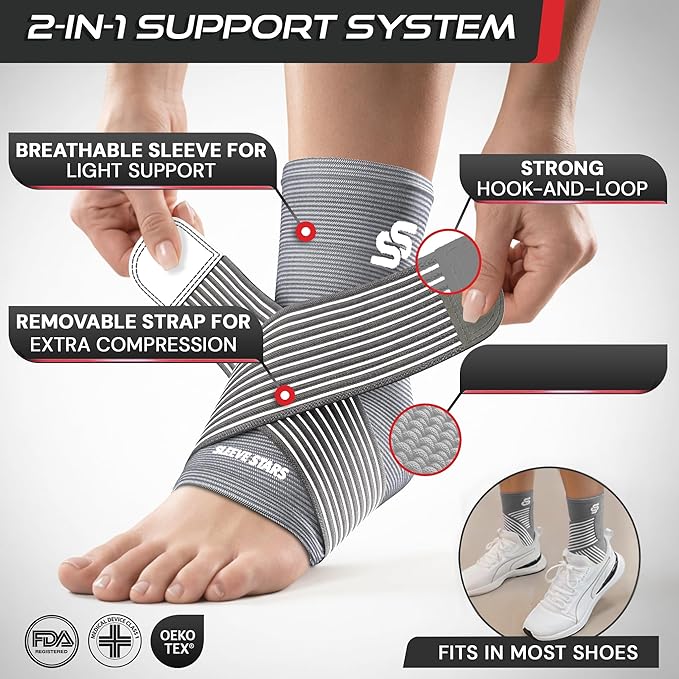 Sleeve Stars Ankle Brace for Women & Men, Ankle Wrap for Sprain, Compression Sleeve for Plantar Fasciitis Relief, Easy Customizable Support: w/ Removable Strap (Pair/M:10"-12"/Grey)