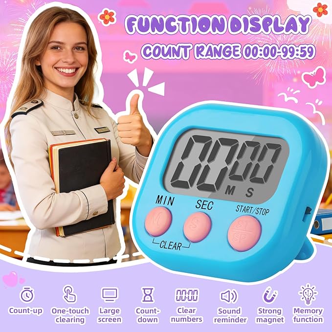 24 Pcs Multi-Function Electronic Timer Small Digital Kitchen Timer Digital Timer with Stickers Magnetic Back for Cooking Classroom Study Gym with Countdown/Up Mode,4 Colors
