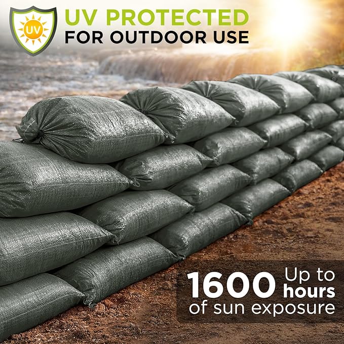 Heavy Duty Sand Bags Pack of 24, Army Green Empty Sandbags with Built-In Ties, Woven Polypropylene UV Protection 1600 Hours, Fillable Bags for Flood Control, Weight, 10x14 inches, 15 Pounds Volume