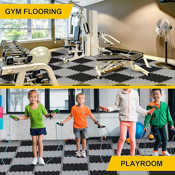 Ecally 100 Pcs 12 x 12 Gym Mat Foam Floor Mats for Home Gym Covers 96 Sq Ft Puzzle Exercise Square Interlocking Carpet Tiles with Border for Workouts Equipment Yoga Pilates (Black,Gray)