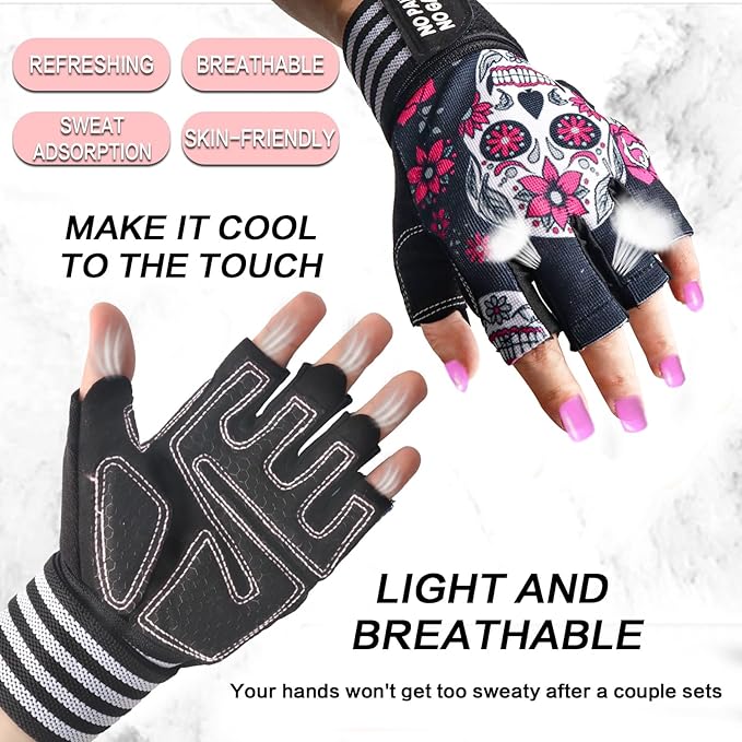 Weight Lifting Gloves for Women Gym Workout with Wrist Support,Padded Half Finger Gloves for Fitness Exercise