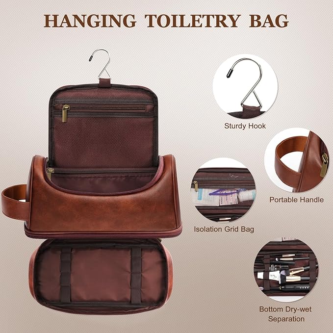 Mens Toiletry Bag for Travel,PU Leather Travel Toiletries Bag,Waterproof Toiletry Shaving Kit for Men,Personalized Gifts for Men Father's Day Birthday (H)