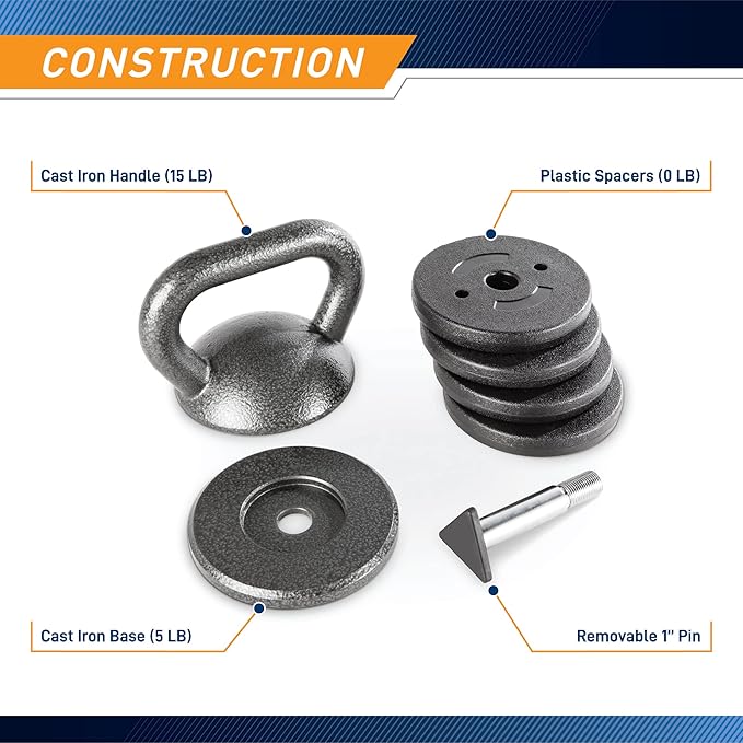 Apex Adjustable Heavy-Duty Kettlebell Weight for Strength Training and Weightlifting, Ideal Home Gym Equipment, Cast Iron, Grey APKB-5009