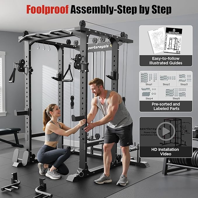 Sportsroyals Squat Rack, LAT Power Cage, Power Rack Multi-Function with Pulley System and Training Attachments for Home Gym