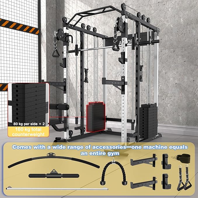 Smith Machine Strength Training Squat Rack with Smith Bar, Power Cage with LAT Pull-Down Systems, Cable Crossover Machine for Home Gym