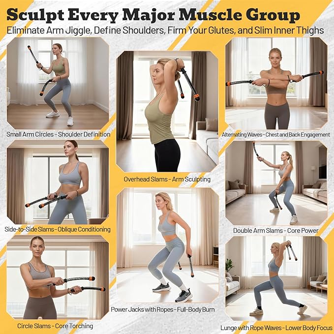 Ropeless Battle Ropes with Adjustable Weights, Easy-to-Carry Silent Fitness Tool for Total-Body Sculpting, Cardio & Fat Burn, Home Gym Strength Equipment for Core, Arms and Glutes - Black