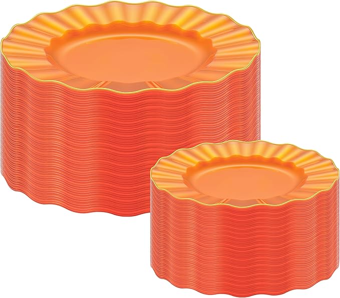 60pcs Orange Plastic Plates with Gold Rim, Clear Orange and Gold Plastic Plates, Fancy Disposable plate, 30 Dinner & 30 Dessert Plate for Party Wedding, Ware Design