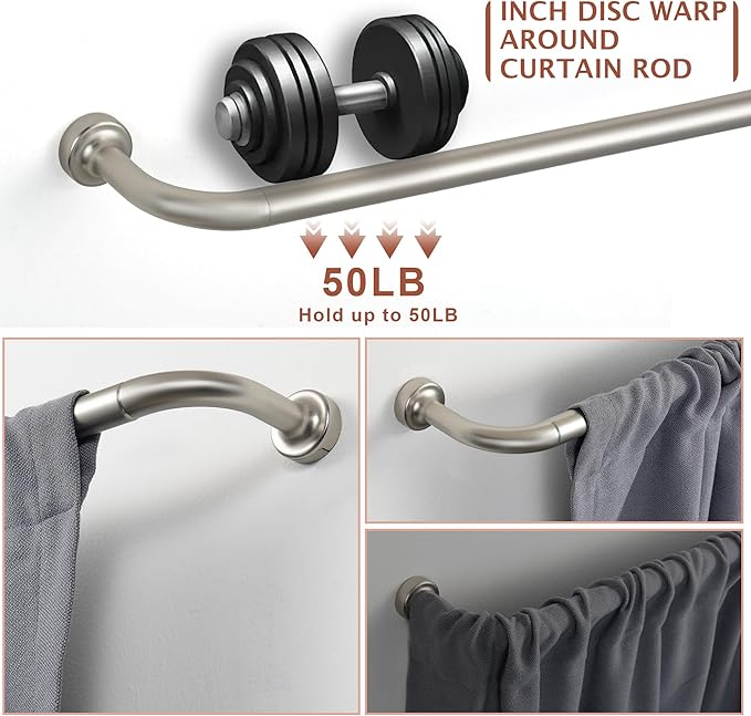 Brushed Nickel Curtain Rods for Windows 100-150",1 Inch Disc Wrap Around Curtain Rod with Aluminum Finials and Brackets,No Screw Disassembly Adjustable Blackout Curved Room Darkening Curtain Rod