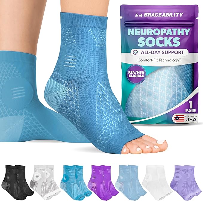BraceAbility Neuropathy Socks (Pair) - Peripheral Neuritis Compression Diabetic Toeless Foot Sleeves for Nerve Damage Pain in Feet, Ankle Gout, Plantar Fasciitis Relief Brace for Men and Women (S - Teal)