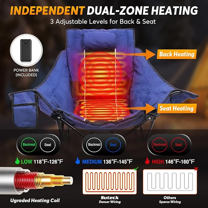 Suteck Heated Rocking Camping Chair, Oversized Heated Camping Chair W/20000mAh Power Bank & Carry Bag, Fully Padded Heated Chairs for Outdoor Sports W/3 Heat Levels for Back & Seat, Lawn Picnic Patio