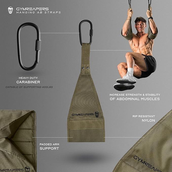 Gymreapers Hanging Ab Straps for Pull-Up Bar — Hang Bar Assist Strap & Strength Workout Exercise Equipment, Padded Adjustable Arm Supports with 2 Steel Carabiners for Leg Raises, Abdominal & Core Training