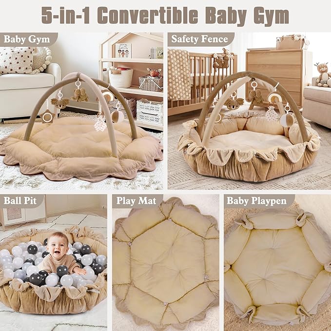 5-in-1 Plush Baby Play Gym, Activity Mat with Convertible Gym, Baby Gym 6 Sensory Toys, Play Center for Newborn to Toddler, Brown