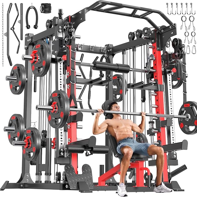 Multi-Purpose Squat Rack,Smith Machine Weight Rack Set with Cable Crossover System, Home Gym Power Racks, Power Racks and Packages