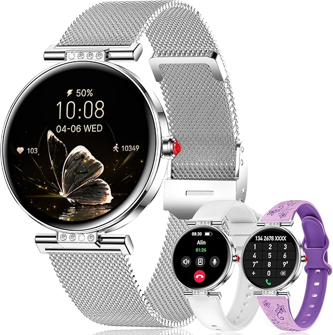 Smart Watch for Women, 1.19" AMOLED Touchscreen Fitness Watch（Calls/Notifications）3 Straps, 24H Heart Rate/Sleep Monitor/Female Cycle, 120+ Sports Modes, IP68 Waterproof Smartwatch for Android iPhone