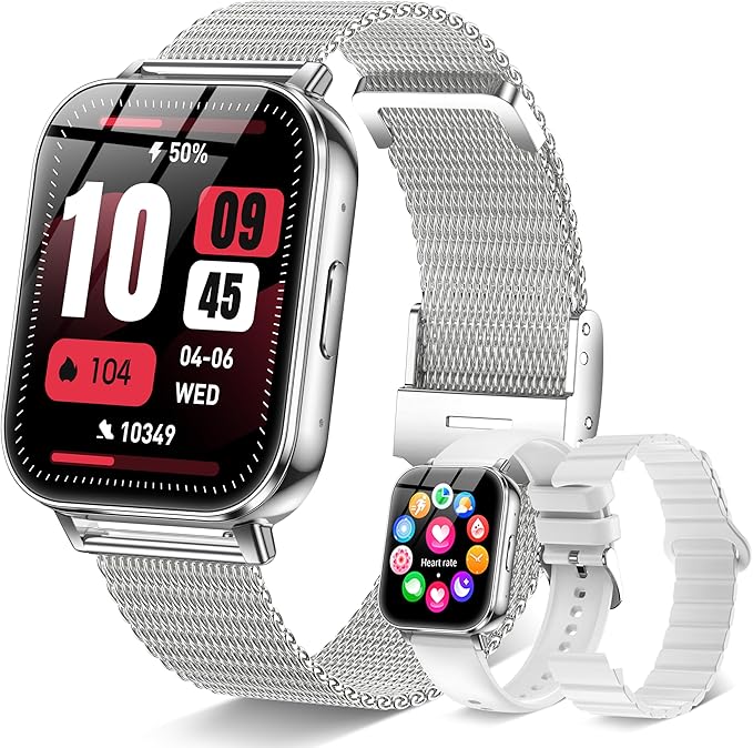Smart Watch for Women Men 30-Day Battery Life 3 Bands 1.85" Fitness Step Tracker for iPhone & Android with Bluetooth Calling/Heart Rate/SpO2 Monitor, 120+ Sports Modes Gift Womens, 1000mAh/Silver