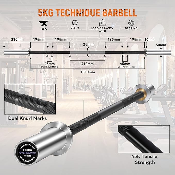 EVERYMATE 5kg Olympic Technique Bar – Lightweight Aluminum Training Barbell for Beginners, Youth & Rehab | 25mm Knurled Grip, 150lb Capacity, Compatible with 2" Weight Plates – Ideal for Form Practice & Cross-Training
