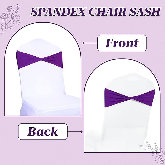 MDS Pack of 25 Spandex Chair Sashes Bows Elastic Stretch Dining Chair Bands Ties Without Slider Buckle Universal fits for Wedding Baby Shower Birthday Party Banquet Event Decoration - Purple