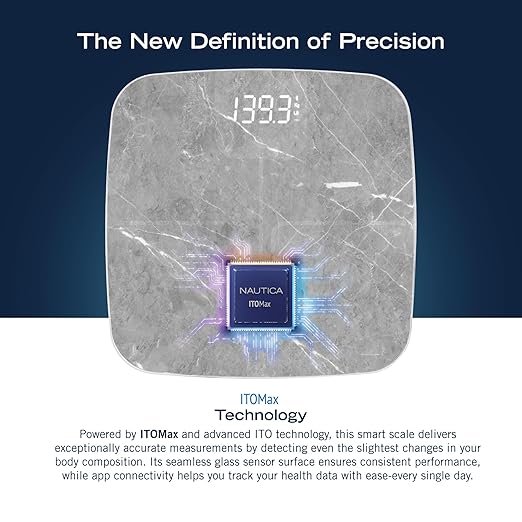 Nautica Body Tracker Digital Bathroom Scale, Bluetooth-Enabled Smart Scale with BMI, Body Fat, Muscle Mass Tracking & More, Syncs with Smartphone App for Body Composition Tracking, 440 Lbs.