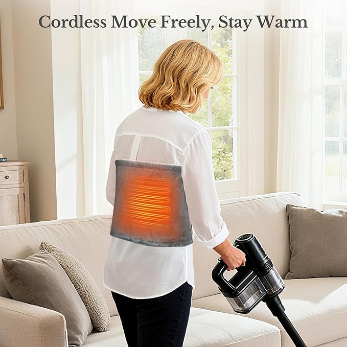 Cordless Heating Pad for Back Pain Relief & Cramps, 12"x24" Portable with Adjustable Straps, Battery Operated, 3 Heat Levels for Back/Shoulder/Legs, Gift for Mom