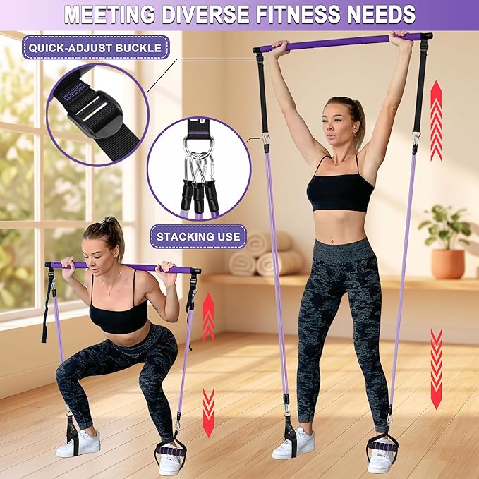 Goocrun Portable Pilates Bar Kit with Resistance Bands for Men and Women - 3 Set Exercise Resistance Bands - Multifunctional Home Gym - Supports Full-Body Workouts – with Fitness Poster and Video