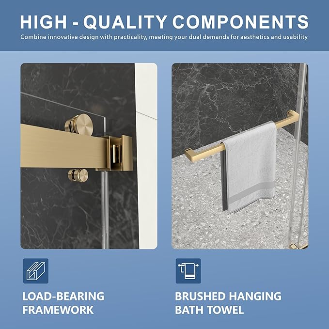 56-60" W x 72" H Frameless Shower Door, Double Sliding Glass Shower Door with 5/16" (8mm) Clear SGCC Tempered, Roller Disc System, 304 Stainless Steel (Brushed Gold, 56-60" W*72" H)