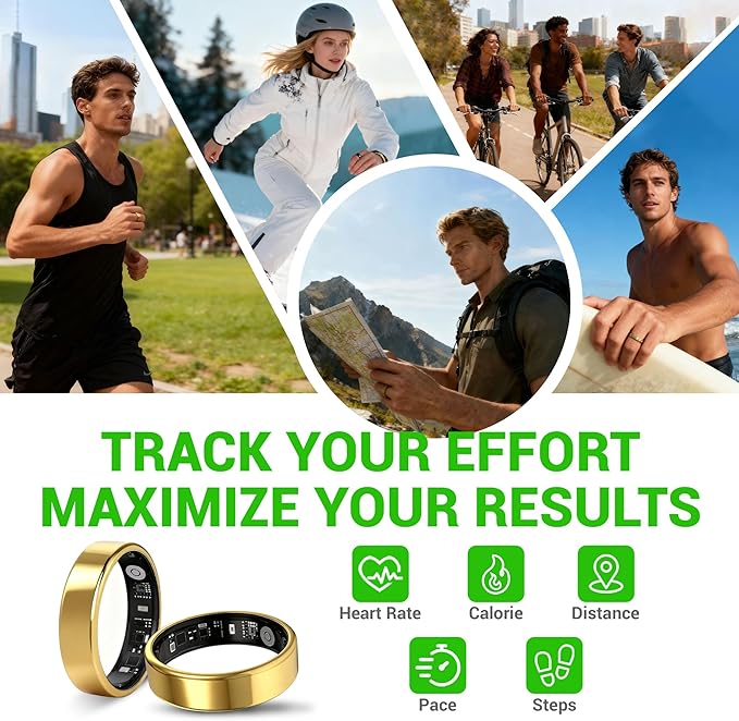 Smart Ring - Free Heart Rate SpO2 Sleep Tracker | No Subscription | IP68 Waterproof Fitness Tracker | 24/7 Activity Monitor | Step Counter & Stress Tracking | Sleep & Workout (Gold, 13)