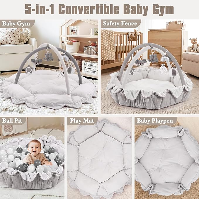 5-in-1 Plush Baby Play Gym, Activity Mat with Convertible Gym, Baby Gym 6 Sensory Toys, Play Center for Newborn to Toddler, Grey