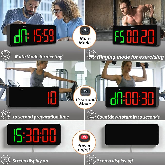 Gym Clock Timer for Tabata/FGB/EMOM,Interval Workout with Large LED Display,Digital Wall Clock with Seconds | Fitness Timer with Remote Control for Classroom Home Garage Office