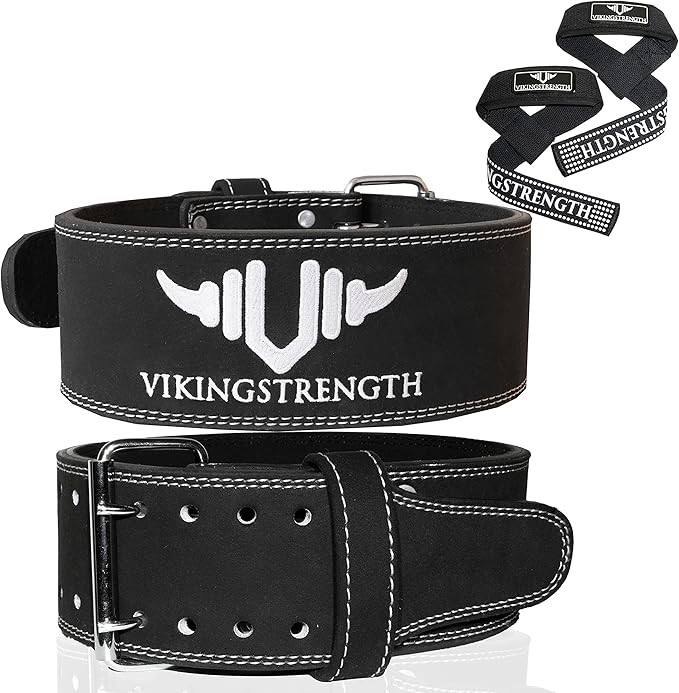 Vikingstrength Premium Weight Lifting Belt with Lifting Straps, Gym Weightlifting Belt for Men and Women, perfect for Squat, Powerlifting, Crossfit and Deadlifting M-4XL + V-Strength Workout App