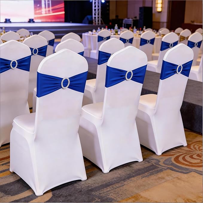 Spandex Royal Blue Chair Sashes 100 Pack Wedding Chair Bands with Buckles Dark Blue Chairs Bows for Party Birthday Bridal Baby Shower Engagement Anniversary Banquet Events Decorations