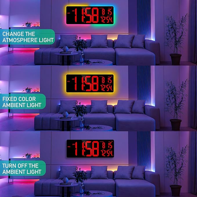 TXL 16.5" Bluetooth Red Large LED Digital Wall Clock, Count Up/Down Timer Clock with Ambient Lighting, Adjustable Brightness Wall Clock for Home, Office, Gym, Elderly, Auto DST