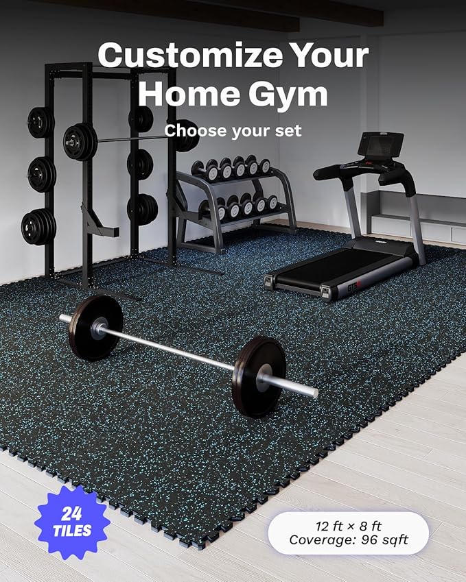 AIRHOP 0.56in Thick 96 Sq Ft Exercise Equipment Mats, 24Tiles Upgraded Rubber Top with High Density EVA Foam, Large Interlocking Puzzle Gym Flooring for Home Gym, Heavy Weight Workout, Black & Blue