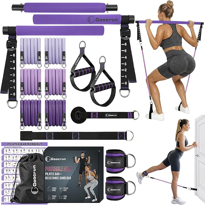 Goocrun Portable Pilates Bar Kit with Resistance Bands for Men and Women - 3 Set Exercise Resistance Bands - Multifunctional Home Gym - Supports Full-Body Workouts – with Fitness Poster and Video