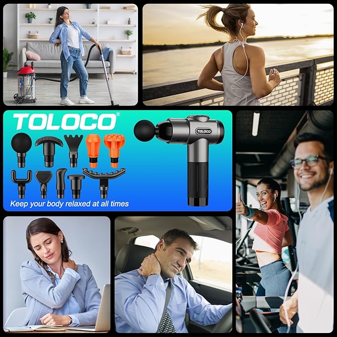 TOLOCO Massage Gun, Deep Tissue Back Massage for Athletes for Pain Relief, Percussion Massager with 10 Massages Heads & Silent Brushless Motor, Mothers Day Gifts, Grey