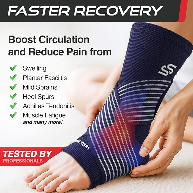 Sleeve Stars Ankle Brace for Women & Men, Ankle Wrap for Sprained Ankle, Compression Sleeve for Plantar Fasciitis Relief, Easy Customizable Support: w/Removable Strap (Pair/M:10"-12"/Navy Blue)