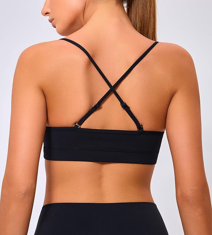 Oalka V Neck Sports Bra for Women Adjustable Padded Thin Straps Wireless Yoga Bras
