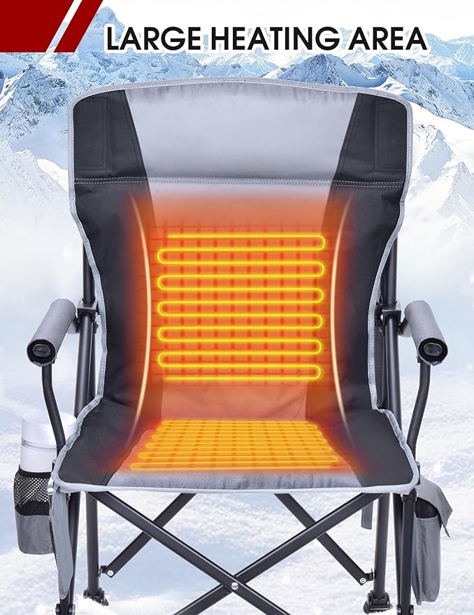 Docusvect Heated Camping Chair for Adults, Heats Back and Seat, 3 Heat Levels, Fully Padded Heated Folding Chair for Outdoor Sports with Cup Holder, Rich Pockets, Battery NOT Included