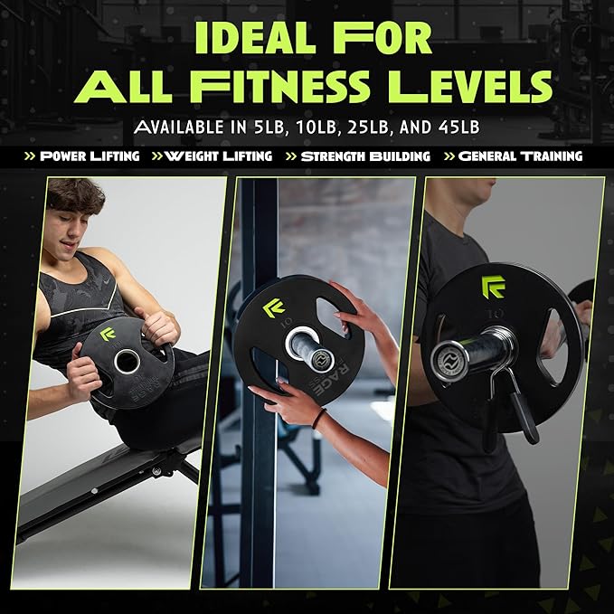 Rage Fitness Cast Iron Weight Plates, Rubber Coated, 2" Steel Insert (5lb, 10lb, 25lb, 45lb - SOLD INDIVIDUALLY), Rubber Weight Plates for Strength Training, Bench Press, Squats, Powerlifting