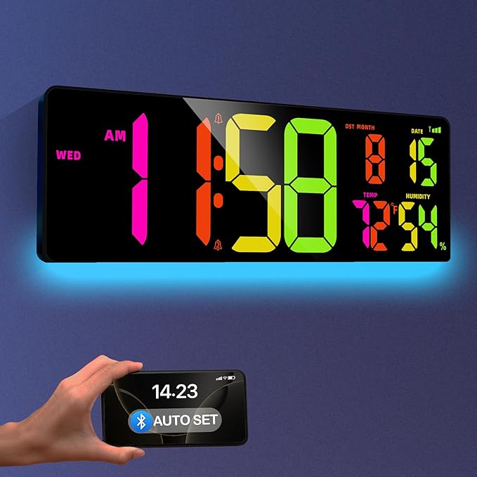 16.5" Large Digital Wall Clock, Bluetooth Sync Time, Count Down Timer, Dual Alarm, Big LED RGB Color, Auto DST, Digital Clock for Living Room Classroom Desk, Christmas Birthday Gift for Senior Mom Dad