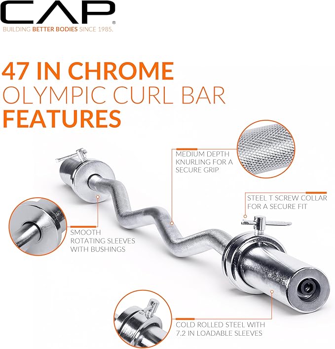 CAP Barbell 47-Inch Olympic EZ Curl Bar for 2-Inch Weight Plates | Multiple Options