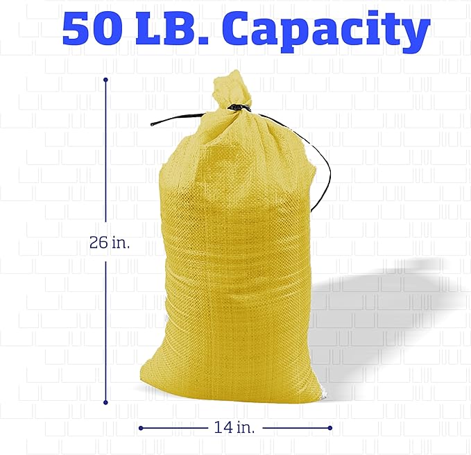 DURASACK Heavy Duty Sand Bags with Tie Strings Empty Woven Polypropylene Sand-Bags for Flood Control with 1600 Hours of UV Protection, 50 lbs Capacity, 14x26 inches, Yellow, Pack of 50